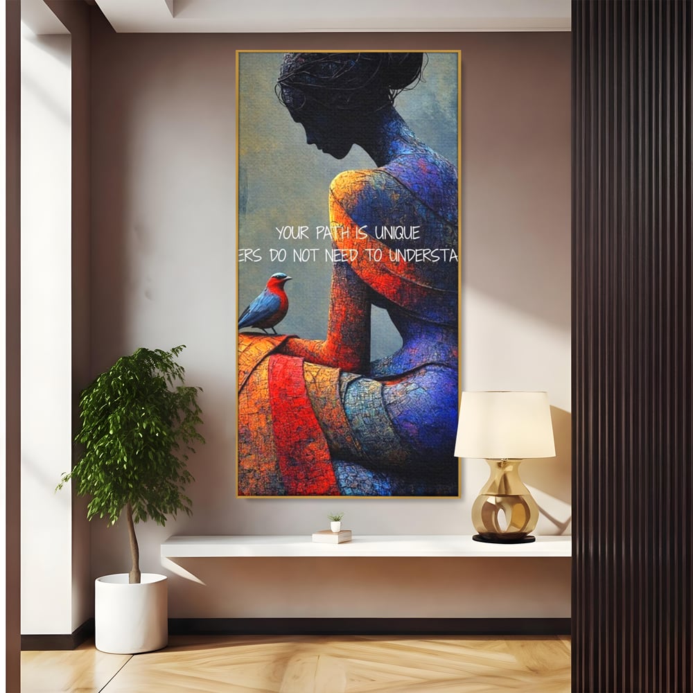 Tablou canvas cu tablou canvas cu femeie si pasare, in rama de aluminiu auriu